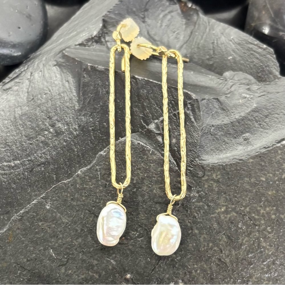 LIZA SHTROMBERG 14k Gold Rectangle Earrings w/ Pearl Drops